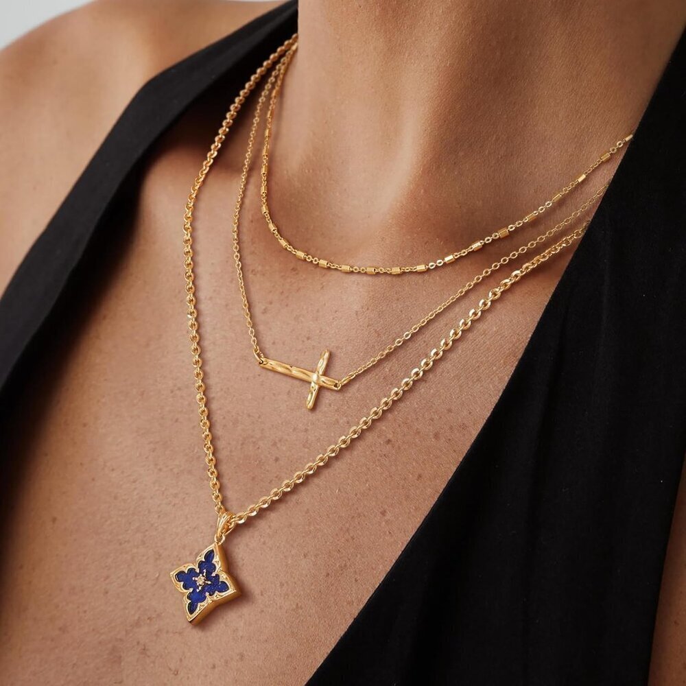 Gold Clover Necklace Women Dainty 14K Gold Dark Blue Pendant Adjustable Chain - Picture 2 of 7